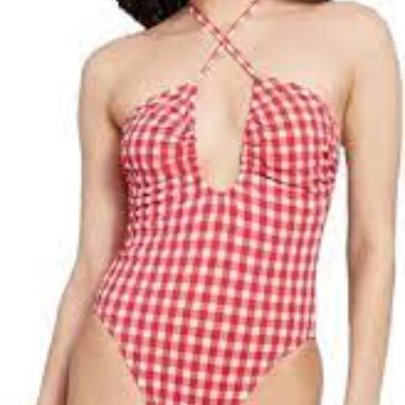 WILD FABLE RED WHITE GINGHAM PRINT KEY HOLE FRONT HALTER TIE SWIMSUIT SIZE LARGE - Picture 2 of 5